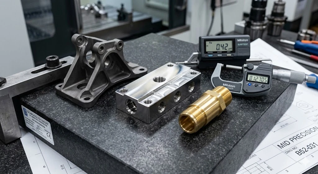Close-up view of precision CNC machined parts in titanium, stainless steel, and brass, demonstrating high-quality surface finish. Close-up view of precision CNC machined parts in titanium, stainless steel, and brass, demonstrating high-quality surface finish.