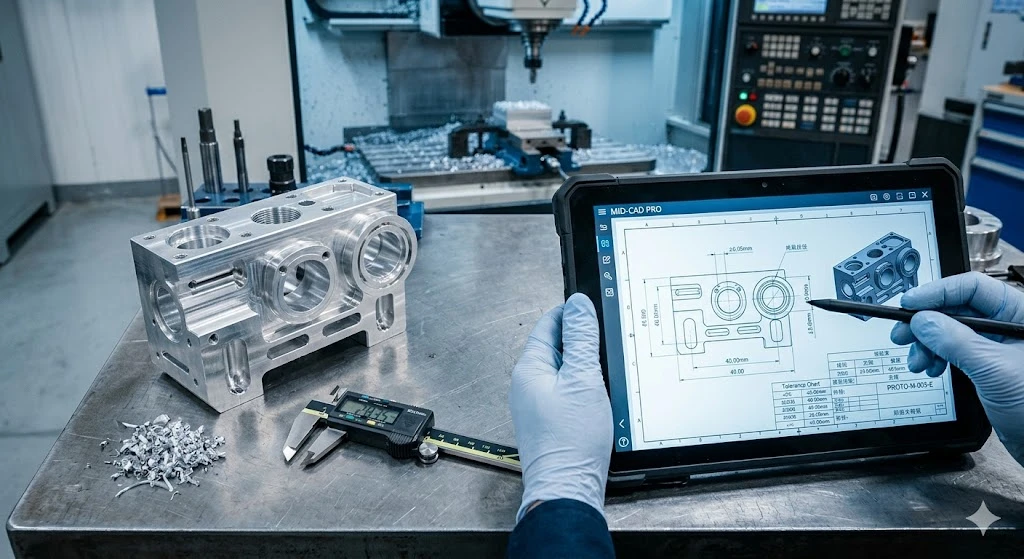 Engineer reviewing a technical blueprint alongside a complex CNC machined prototype.