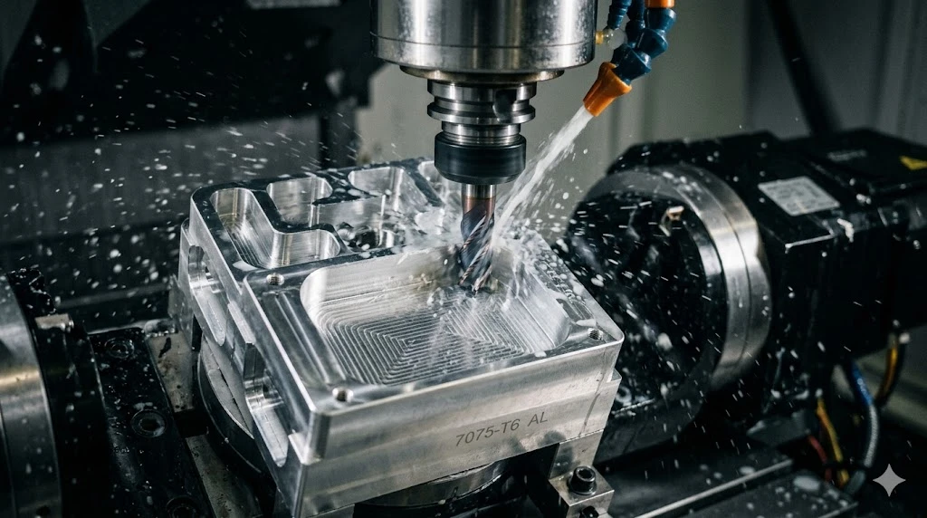 High-precision aerospace component machined from 7075-T6 aluminum on a multi-axis CNC milling center with coolant spray