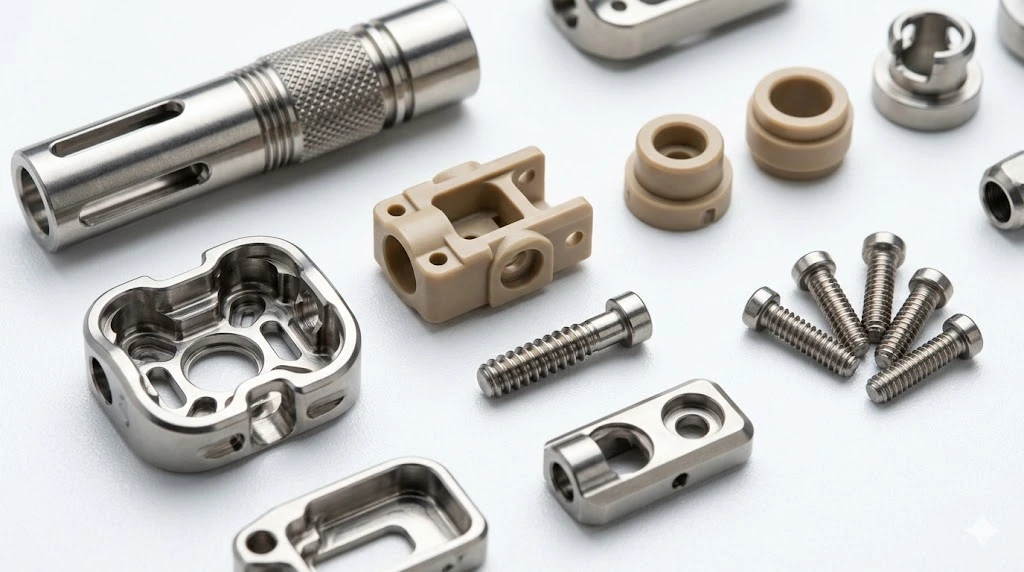 Medical grade titanium and PEEK CNC machined components for orthopedic devices on a clean validation background