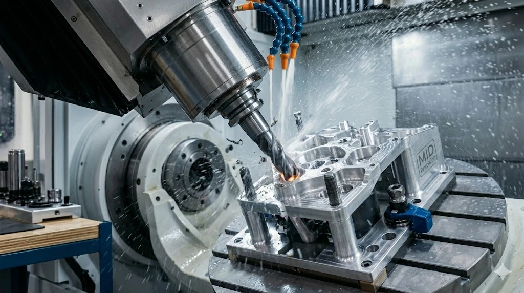 Simultaneous 5-axis CNC machining process cutting a complex aerospace component Simultaneous 5-axis CNC machining process cutting a complex aerospace component
