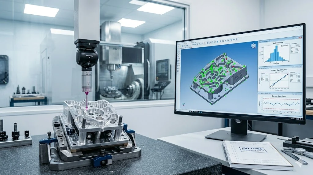 CMM machine performing precision quality inspection on a CNC machined part with statistical data