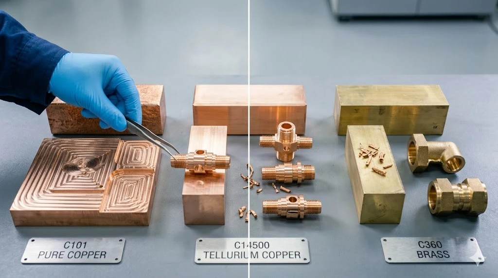 Chinese machinist inspecting precision machined copper heat sinks and brass structural fittings