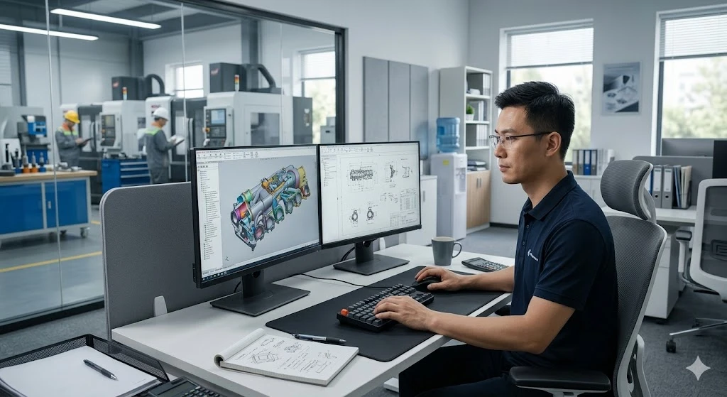 An industrial engineer reviewing a complex 3D CAD model of an aerospace titanium manifold component at a precision manufacturing facility